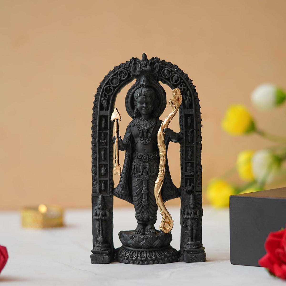 Shree Ram Lalla Idol Statue | 15 Cm, Schwarz & Gold | Aus Harz | Für Pooja & Spirituelle Dekoration