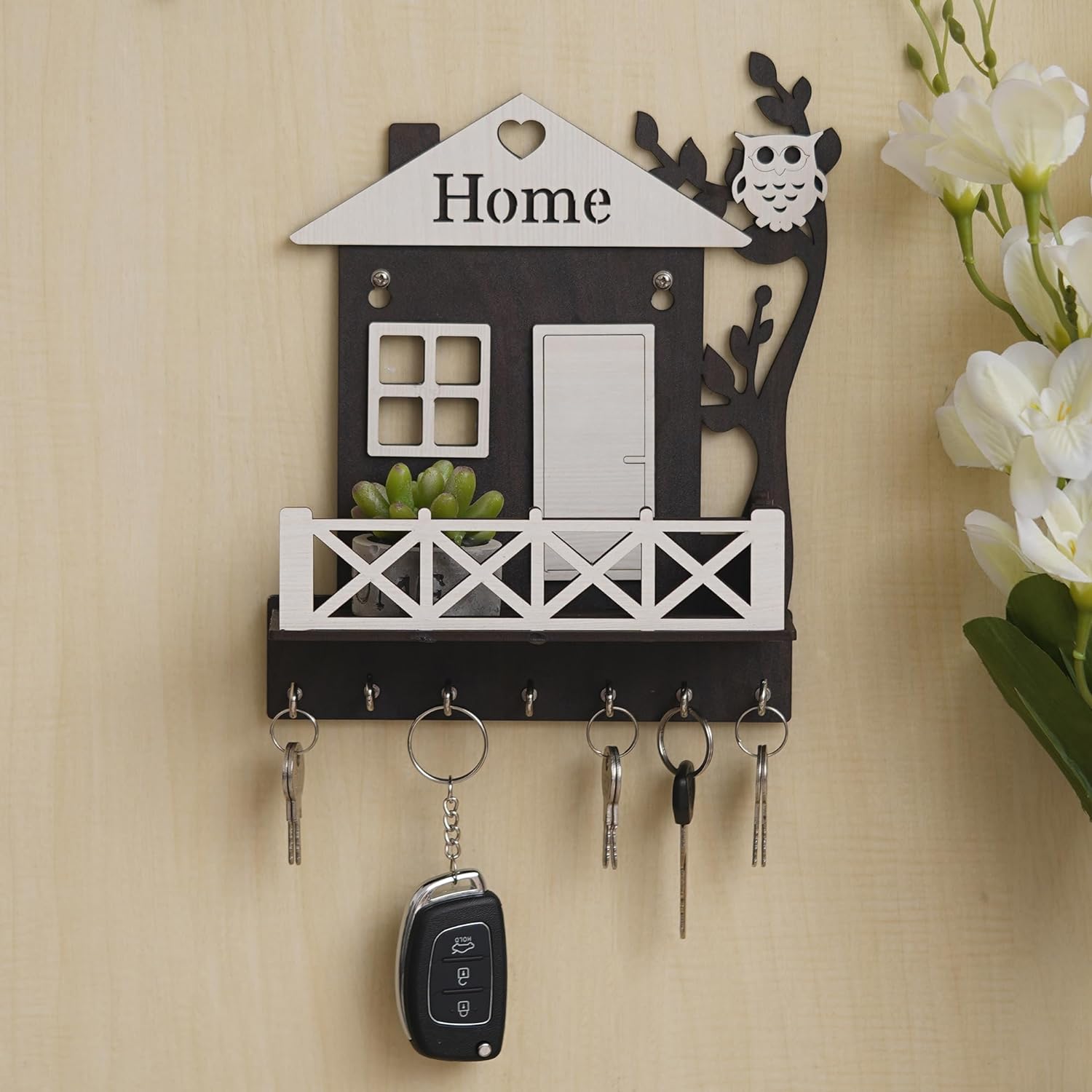 JaipurCrafts Premium Wooden House Keys Hanger with Owl Wooden Key Holder  for Home/Office Decor, Key Holder for Wall Decor (9.5 Inches)