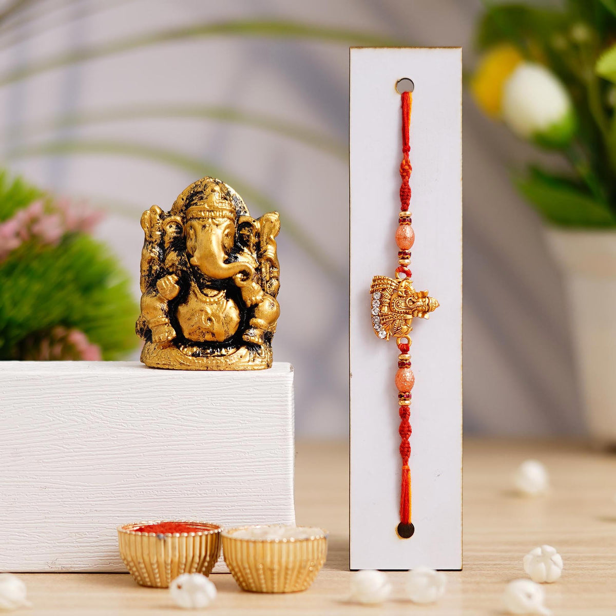 Evisha Golden Ganesha Murti Heavy Design Rakhi Set For Brother & Bhabhi - Traditional Indian Raksha Bandhan Gift - View #4