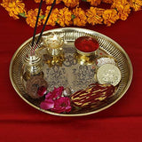 Load image into Gallery viewer, Webelkart Laser Work Laxmi Ganesha Puja Thali Set (Brass)- for Diwali Poojan/Pooja Room/Diwali Gifting- 9 in