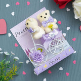 Load image into Gallery viewer, Webelkart® Premium Valentine Heart Shape Box with 3 Pink Roses, 1Teddy and1Artificial Gold Rose and White Plastic Cycle with Teddy Bear and Rose Petals Gift Box (Blue) Valentine&#39;s Gift Combo Set