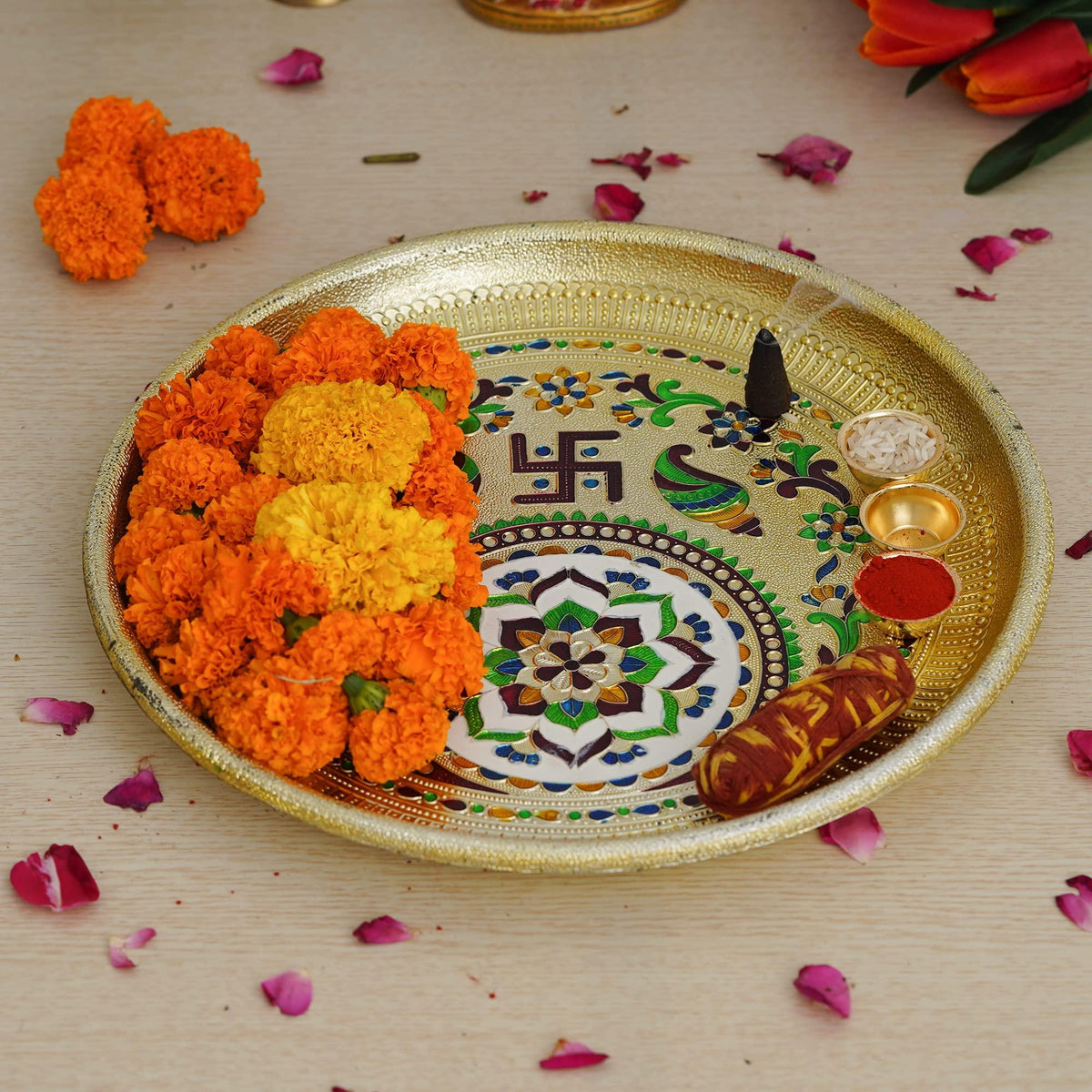 JaipurCraftsPremium Gold Meenakari Pooja Thali Set With 3 Roli Chawal jaipurcraftspremium-gold-meenakari-pooja-thali-set-with-3-roli-chawal