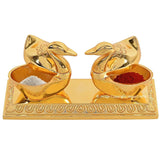 Load image into Gallery viewer, JaipurCrafts Zinc Roli-Chandan, Chawal-Akshat-Haldi, Kumkum Box with Loving Bird Duck Pair Chopda, 11x6x3cm(Gold)