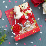 Load image into Gallery viewer, Webelkart®Premium Valentine Heart Shape Box with 3 Pink Roses,1Teddy and 1 Artificial Gold Rose and White Plastic Cycle with Teddy Bear Gift Box (Red) Valentine&#39;s Gift for Girlfriend/Boyfriend