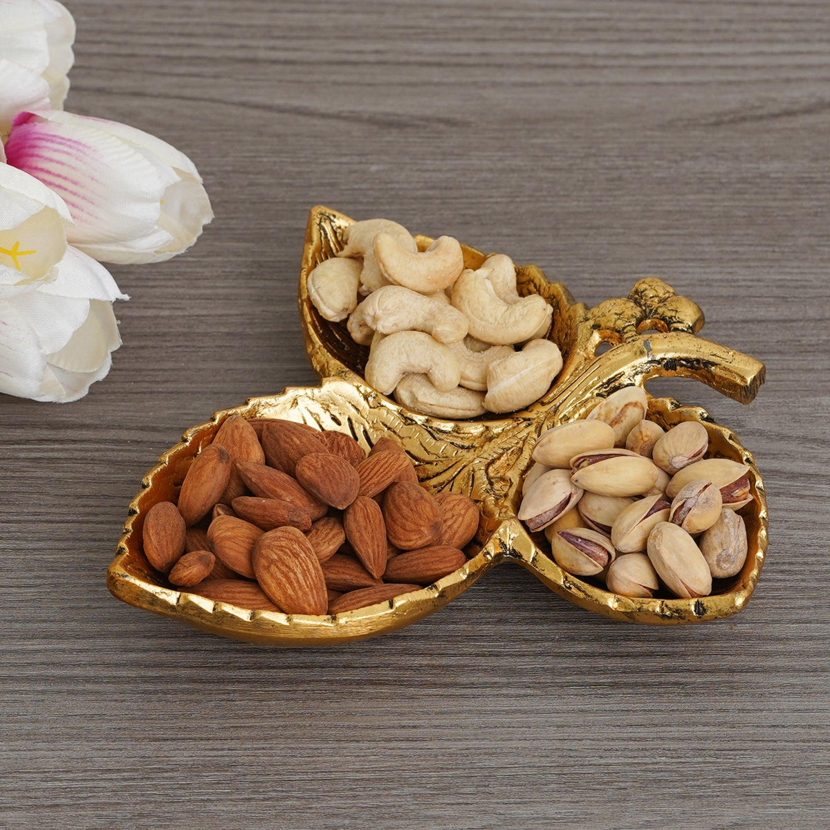 Webelkart Premium Metal Leaf Shape Dry Fruit Serving Tray/ Dry Fruit Box for Diwali Decorations