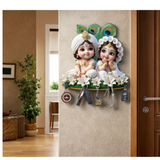 गैलरी व्यूवर में इमेज लोड करें, Webelkart Premium Cute Radha Krishna Key Holder for Home/Office Decor | 3D UV Printed Wooden Key Hanger Decorative Key Chain Holder (10 x 10 Inches)