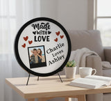 Load image into Gallery viewer, Webelkart Personalized Made with Love Round Wooden Table Frame, 8x8, Custom Couple Photo Gift with 3D UV Printing, Desktop Decor for Anniversary, Valentine's Day, Birthdays, Includes Stand