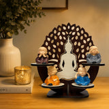 Load image into Gallery viewer, Webelkart Buddha Wall Shelf with Monk Figurines,4 Baby Monk Buddha Showpiece with Wooden Tree Stand | See No Evil Hear No Evil Speak No Evil Think No Evil Monk Set | Decorative Tabletop &amp; Home Décor