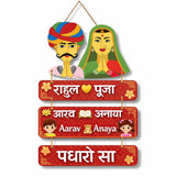 गैलरी व्यूवर में इमेज लोड करें, Webelkart Premium Rajasthani Couple Wooden Name Plate with "पधारो सा" Hanging, Customised Family Name Board, Decorative Wall Door Hanging, 18x12 Inches