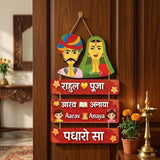 गैलरी व्यूवर में इमेज लोड करें, Webelkart Premium Rajasthani Couple Wooden Name Plate with "पधारो सा" Hanging, Customised Family Name Board, Decorative Wall Door Hanging, 18x12 Inches