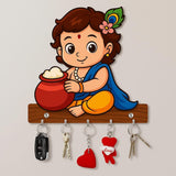 Load image into Gallery viewer, Webelkart Premium Baby Krishna Playing Flute Wooden Key Holder for Home, 6 Hooks, Modern Style, Wall Mount Keychain Holder Design for Home Office (Bal Krishna with Playing Flute)
