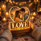 Load image into Gallery viewer, JaipurCrafts Personalized LED Photo Frame, Heart Shape Acrylic with Wooden Base, Custom Name and Photo, 7 x 6 Inches, Black, Modern