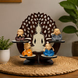 Load image into Gallery viewer, Webelkart Buddha Wall Shelf with Monk Figurines,4 Baby Monk Buddha Showpiece with Wooden Tree Stand | See No Evil Hear No Evil Speak No Evil Think No Evil Monk Set | Decorative Tabletop &amp; Home Décor