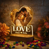 Load image into Gallery viewer, Webelkart Personalized LED Photo Frame, Heart Shape Acrylic with Wooden Base, Custom Name and Photo, 7 x 6 Inches, Black, Modern