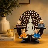 Load image into Gallery viewer, Webelkart Buddha Wall Shelf with Monk Figurines,4 Baby Monk Buddha Showpiece with Wooden Tree Stand | See No Evil Hear No Evil Speak No Evil Think No Evil Monk Set | Decorative Tabletop &amp; Home Décor