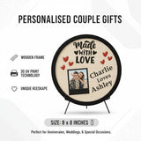Load image into Gallery viewer, Webelkart Personalized Made with Love Round Wooden Table Frame, 8x8, Custom Couple Photo Gift with 3D UV Printing, Desktop Decor for Anniversary, Valentine's Day, Birthdays, Includes Stand