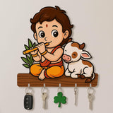 Load image into Gallery viewer, Webelkart Premium Baby Krishna with Cow Wooden Key Holder for Home Without Drill, Brown, 5 Hooks, Modern Style, No-Drill Wall Mount Design for Home Office (Bal Krishna)