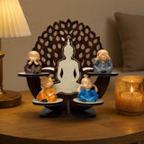 Load image into Gallery viewer, Webelkart Buddha Wall Shelf with Monk Figurines,4 Baby Monk Buddha Showpiece with Wooden Tree Stand | See No Evil Hear No Evil Speak No Evil Think No Evil Monk Set | Decorative Tabletop &amp; Home Décor
