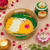Load image into Gallery viewer, Premium Metal Pichwai Tray with Steel Jar and Lotus Brass Diya for Diwali,Decorative Tray with Jar for Home Decor,Gift for Navratri, Wedding (8" Inches) Chat Pooja Thali (Yellow)