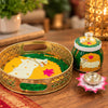Load image into Gallery viewer, Premium Metal Pichwai Tray with Steel Jar and Lotus Brass Diya for Diwali,Decorative Tray with Jar for Home Decor,Gift for Navratri, Wedding (8" Inches) Chat Pooja Thali (Yellow)