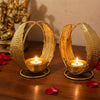 Load image into Gallery viewer, Webelkart Premium Gold Feather Tealight Candle Holder Set of 2 | Decorative Metal Candle Stand with Leaf |Tabletop Diya Holder for Home Decor, Diwali, Pooja, Wedding &amp; Festive Decoration