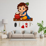 Load image into Gallery viewer, Webelkart Premium Baby Krishna Playing Flute Wooden Key Holder for Home, 6 Hooks, Modern Style, Wall Mount Keychain Holder Design for Home Office (Bal Krishna with Playing Flute)