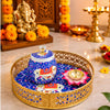 Load image into Gallery viewer, Premium Metal Pichwai Tray with Steel Jar and Lotus Brass Diya for Diwali,Decorative Tray with Jar for Home Decor,Gift for Navratri, Wedding (8" Inches) Chat Pooja Thali (Blue)