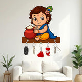 Load image into Gallery viewer, Webelkart Premium Baby Krishna Playing Flute Wooden Key Holder for Home, 6 Hooks, Modern Style, Wall Mount Keychain Holder Design for Home Office (Bal Krishna with Playing Flute)
