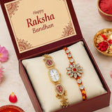 Load image into Gallery viewer, Webelkart Antique Combo Of 2 Kundan Rakhi For Bhaiya Bhabhi With Fridge Magnet Beautiful Rakshabandhan Greetings Card Rakhi For Brother,Kashmiri Watch for Women