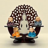 Load image into Gallery viewer, Webelkart Buddha Wall Shelf with Monk Figurines,4 Baby Monk Buddha Showpiece with Wooden Tree Stand | See No Evil Hear No Evil Speak No Evil Think No Evil Monk Set | Decorative Tabletop &amp; Home Décor