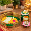 Load image into Gallery viewer, Premium Metal Pichwai Tray with Steel Jar and Lotus Brass Diya for Diwali,Decorative Tray with Jar for Home Decor,Gift for Navratri, Wedding (8" Inches) Chat Pooja Thali (Yellow)
