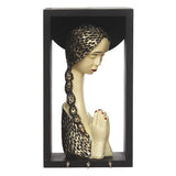Load image into Gallery viewer, JaipurCrafts Beautiful Welcome Lady statue Showpiece Figurine with Wooden Shelf and Key Hanger for Home| Key Holder for Home and Office Decor (9.50&quot; X 4.00&quot; X 5.00&quot;) (Gold &amp; White, Polyresine, Wood- welcome lady statue online