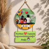 Load image into Gallery viewer, Personalized Family Name Plate Wall Hanging with Rope | Customized Couple &amp; Kids Name Board | Round MDF Home Decor Sign | Housewarming Gift | Door/Wall Hanging Plaque - 18 x 11 Inches