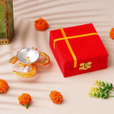 Load image into Gallery viewer, Webelkart Premium Golden Om Akhand Diya with Velvet Box for Pooja Decor | Diya for Diwali| Oil Lamp for Home( 4.5&quot; Inches)