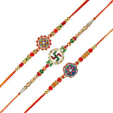 Load image into Gallery viewer, Webelkart Antique 3 Designer Swastik Rakhi for Brother and Bhabhi with Fridge Magnet,Rakhi for Brother Sister, Raksha Bandhan Gift Pack for Bhaiya Bhabhi with Greeting Card and Roli Chawal