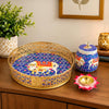 Load image into Gallery viewer, Premium Metal Pichwai Tray with Steel Jar and Lotus Brass Diya for Diwali,Decorative Tray with Jar for Home Decor,Gift for Navratri, Wedding (8" Inches) Chat Pooja Thali (Blue)