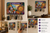 गैलरी व्यूवर में इमेज लोड करें, Webelkart Personalized Krishna Wooden Key Holder for Wall | Om Mandala Key Stand with 7 Hooks | Customised Name Decorative Key Hanger for Home Entrance, Living Room &amp; Office - 12 x 8 Inches