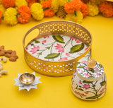 गैलरी व्यूवर में इमेज लोड करें, Webelkart Premium Metal Pichwai Tray with Steel Jar and Lotus Brass Diya for Diwali,Decorative Tray with Jar for Home Decor,Gift for Navratri, Wedding (8&quot; Inches)