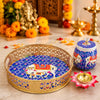 Load image into Gallery viewer, Premium Metal Pichwai Tray with Steel Jar and Lotus Brass Diya for Diwali,Decorative Tray with Jar for Home Decor,Gift for Navratri, Wedding (8" Inches) Chat Pooja Thali (Blue)