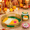 Load image into Gallery viewer, Premium Metal Pichwai Tray with Steel Jar and Lotus Brass Diya for Diwali,Decorative Tray with Jar for Home Decor,Gift for Navratri, Wedding (8" Inches) Chat Pooja Thali (Yellow)