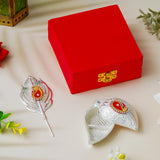 Load image into Gallery viewer, Webelkart Decorative Designer Silver Kumkum Box With Leaf And Red Velvet,Roli|Chawal|Chandan|Haldi|Kumkum Puja Box|Sindoor Box- Diwali Gift Item,Roli Chawal (5&quot; Inches)