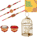 Load image into Gallery viewer, Webelkart Combo of 3 Rakhi for Brother, Bhaiya, Kids and Bhabhi with Bird Cage tealight Candle Holder and Rakshabandhan Gifts and 1 Greeting Card and Roli Chawal Pack