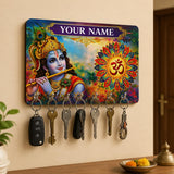 गैलरी व्यूवर में इमेज लोड करें, Webelkart Personalized Krishna Wooden Key Holder for Wall | Om Mandala Key Stand with 7 Hooks | Customised Name Decorative Key Hanger for Home Entrance, Living Room &amp; Office - 12 x 8 Inches