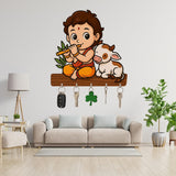 Load image into Gallery viewer, Webelkart Premium Baby Krishna with Cow Wooden Key Holder for Home Without Drill, Brown, 5 Hooks, Modern Style, No-Drill Wall Mount Design for Home Office (Bal Krishna)