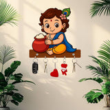 Load image into Gallery viewer, Webelkart Premium Baby Krishna Playing Flute Wooden Key Holder for Home, 6 Hooks, Modern Style, Wall Mount Keychain Holder Design for Home Office (Bal Krishna with Playing Flute)