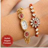 Load image into Gallery viewer, Webelkart Antique Combo Of 2 Kundan Rakhi For Bhaiya Bhabhi With Fridge Magnet Beautiful Rakshabandhan Greetings Card Rakhi For Brother,Kashmiri Watch for Women