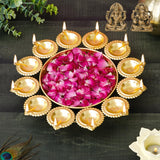 Load image into Gallery viewer, Webelkart Antique Diya Shape Gold Polish Decorative Flower Urli Bowl with Laxmi Ganesh Ji Idol for Diwali Decor Decor,Tea Light Candles Home,Office and Table Decor| Diwali Decoration Items 13"