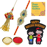 Load image into Gallery viewer, Webelkart Beautiful Rakhi Set For Bhaiya Bhabhi Pair With Free Gift Wooden Raksha Bandhan Magnet Gift For Brother And Sister,Lumba Rakhi,Couple Combo Set With Greeting Card And Roli Chawal Pack