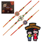 Load image into Gallery viewer, Webelkart Antique 3 Designer Swastik Rakhi for Brother and Bhabhi with Fridge Magnet,Rakhi for Brother Sister, Raksha Bandhan Gift Pack for Bhaiya Bhabhi with Greeting Card and Roli Chawal