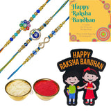 Load image into Gallery viewer, Webelkart 3 Designer Evil Eye Rakhi for Brother and Bhabhi with Fridge Magnet,Rakhi for Brother Sister, Raksha Bandhan Gift Pack with Greeting Card and Roli Chawal